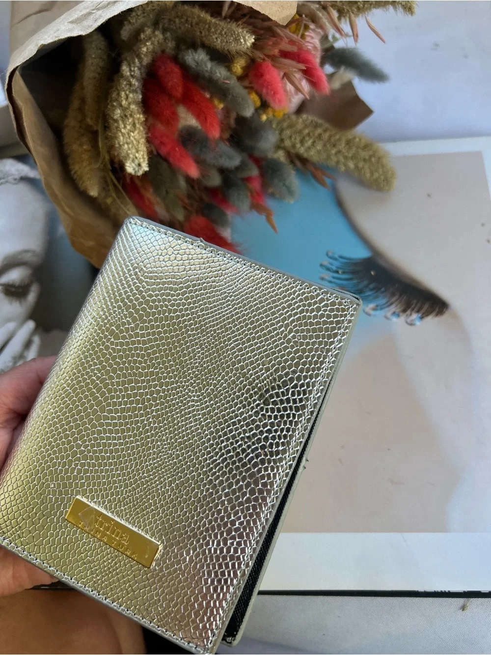 Trina Metallic Silver Textured Passport Wallet with Gold Plaque new